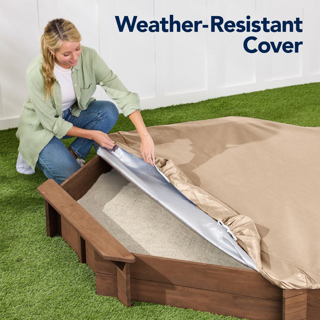 Heritage Hemlock Outdoor Sandbox – 78" Square with Benches + Protective Cover