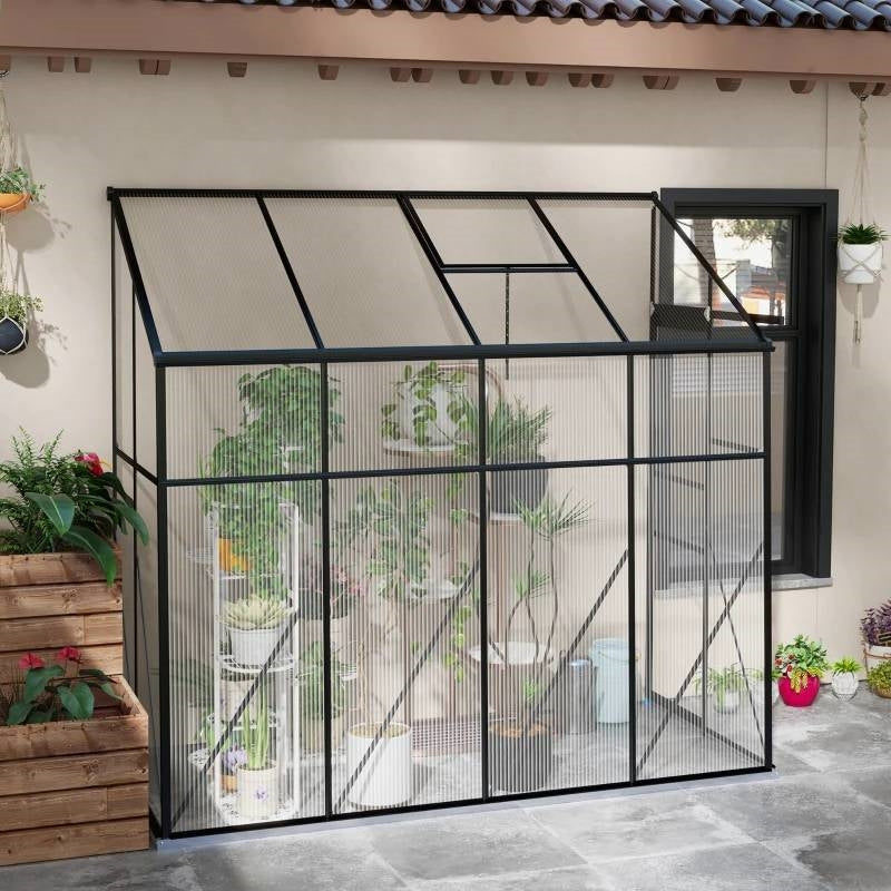 Evergreen Cottage Lean-To Greenhouse – 8.3 × 4.1 ft Polycarbonate (Black Frame)