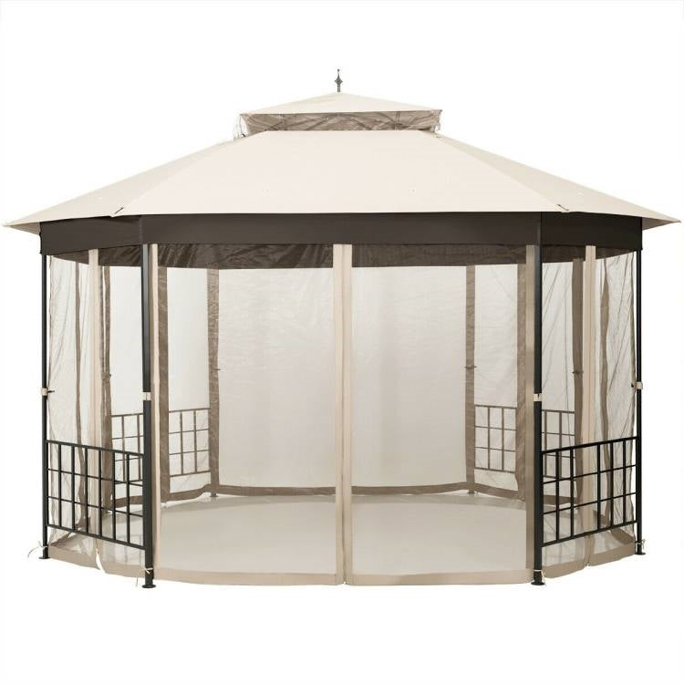 Heritage Octagon Gazebo with Mosquito Net Sidewalls and Crème Canopy – 10x12
