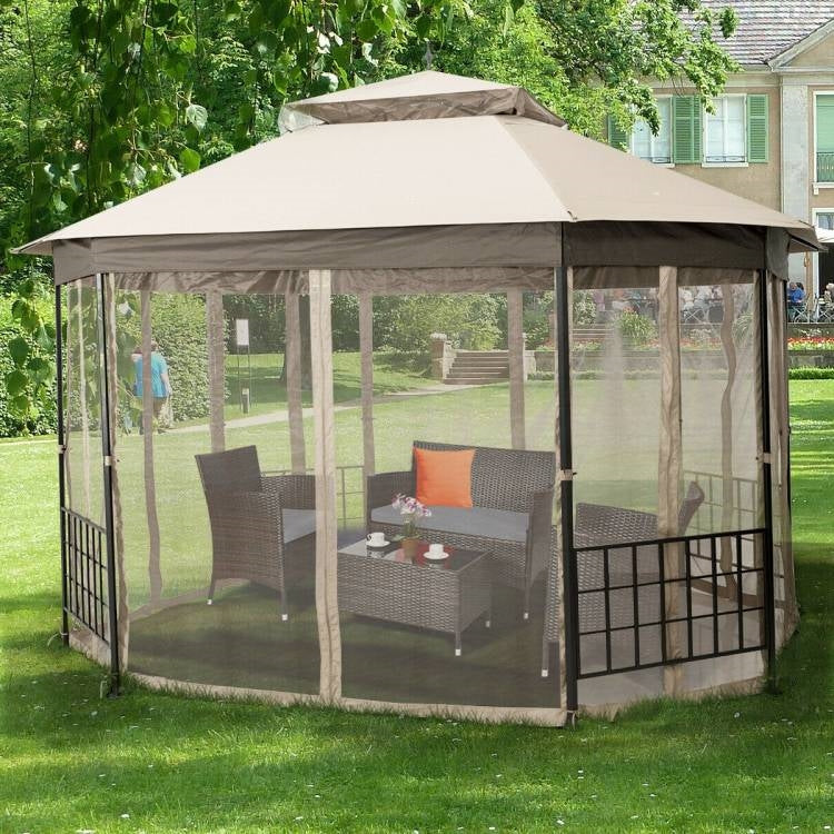 Heritage Octagon Gazebo with Mosquito Net Sidewalls and Crème Canopy – 10x12