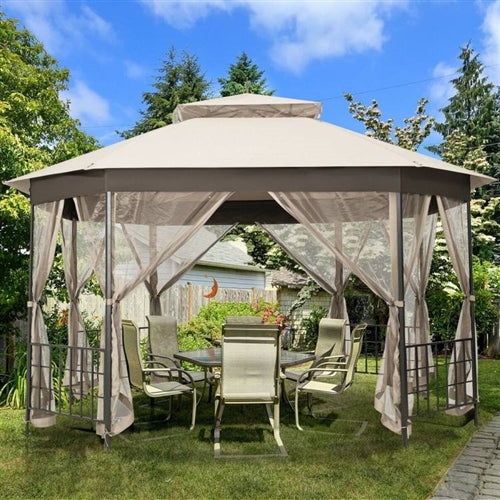 Heritage Octagon Gazebo with Mosquito Net Sidewalls and Crème Canopy – 10x12