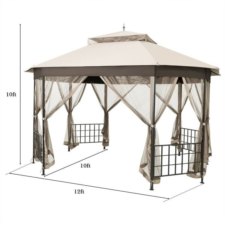 Heritage Octagon Gazebo with Mosquito Net Sidewalls and Cappuccino Canopy