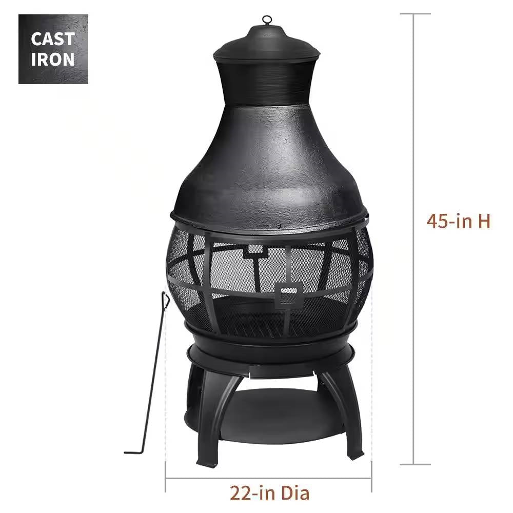 IronRidge 45" Cast Iron Chimenea – Wood-Burning Outdoor Fire Pit (360° View)