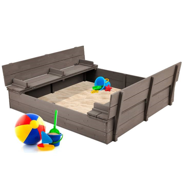 Grey Cedar Seat-Top Sandbox – Fold-Out Bench Design (Complete Kids Sand Play Station)