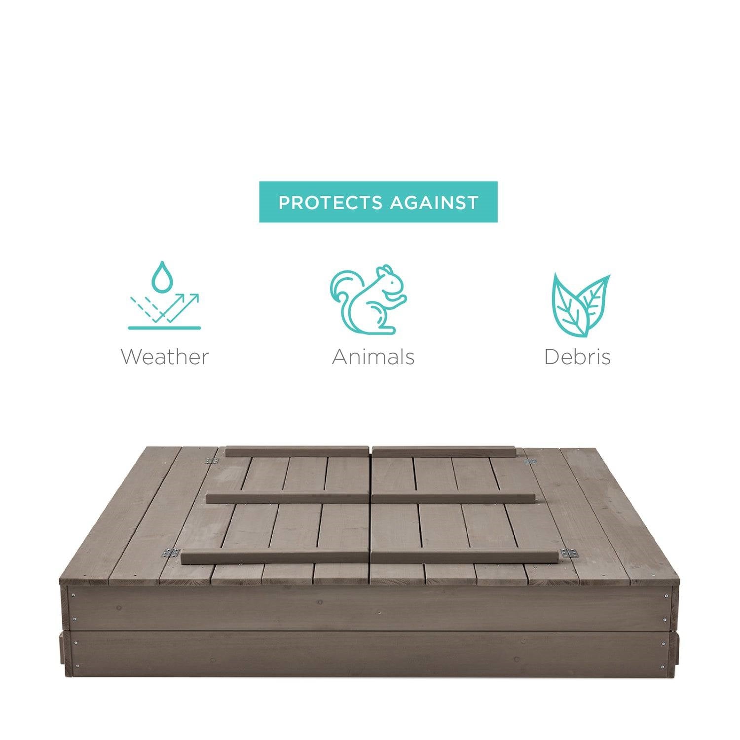 Grey Cedar Seat-Top Sandbox – Fold-Out Bench Design (Complete Kids Sand Play Station)