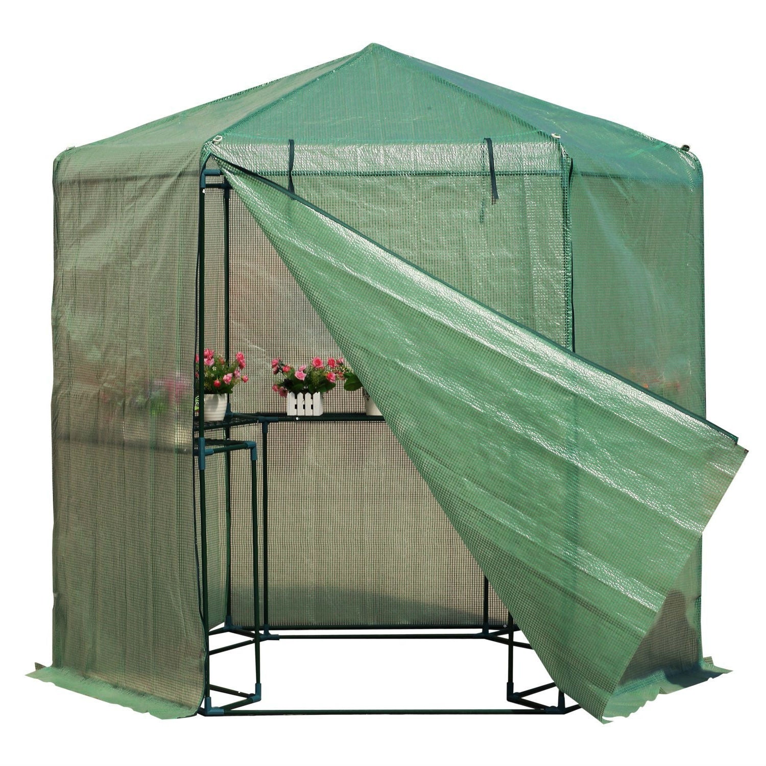 EverPeak Hexagon Walk-In Greenhouse — 6.5 × 7 ft with Shelving (Steel Frame, PE Cover)