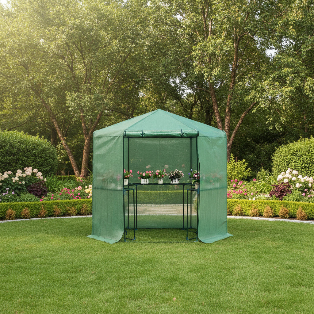EverPeak Hexagon Walk-In Greenhouse — 6.5 × 7 ft with Shelving (Steel Frame, PE Cover)
