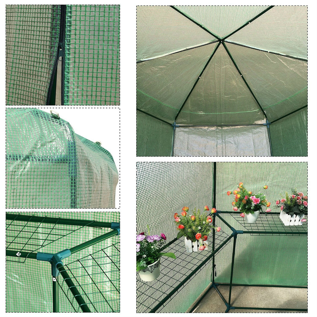 EverPeak Hexagon Walk-In Greenhouse — 6.5 × 7 ft with Shelving (Steel Frame, PE Cover)