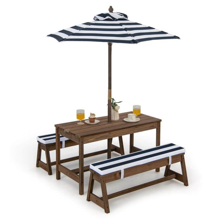 NorthPeak Kids Wooden Picnic Table Set – Navy & White with Adjustable Umbrella