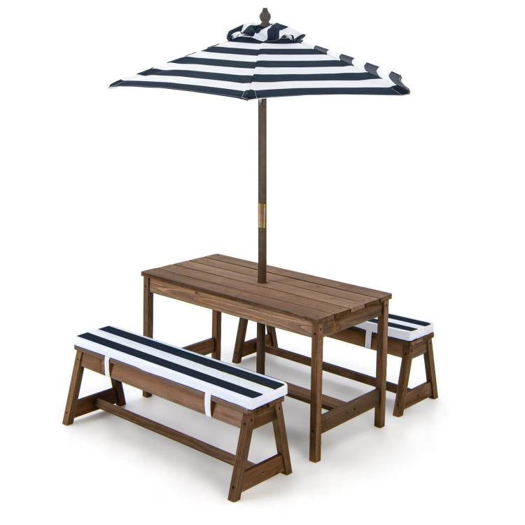 NorthPeak Kids Wooden Picnic Table Set – Navy & White with Adjustable Umbrella