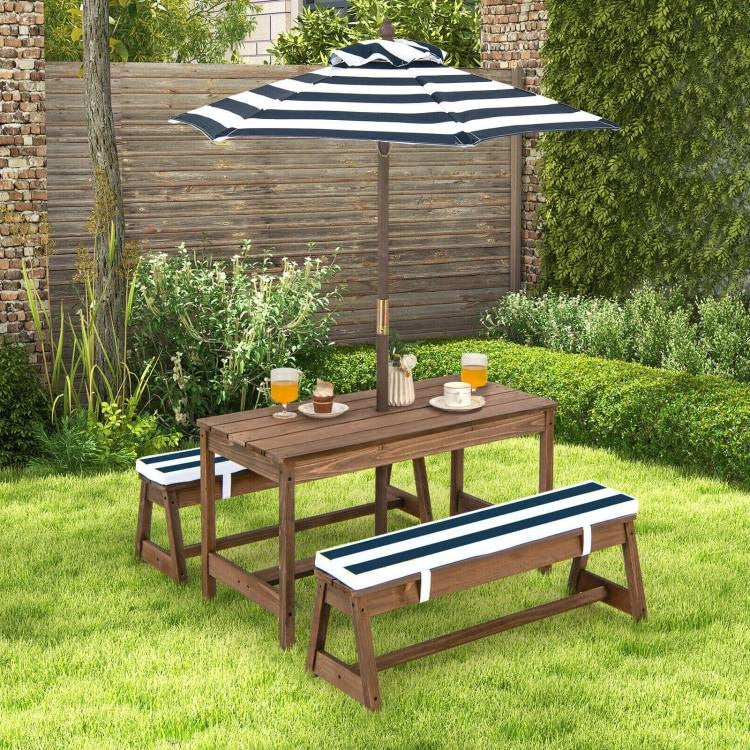 NorthPeak Kids Wooden Picnic Table Set – Navy & White with Adjustable Umbrella