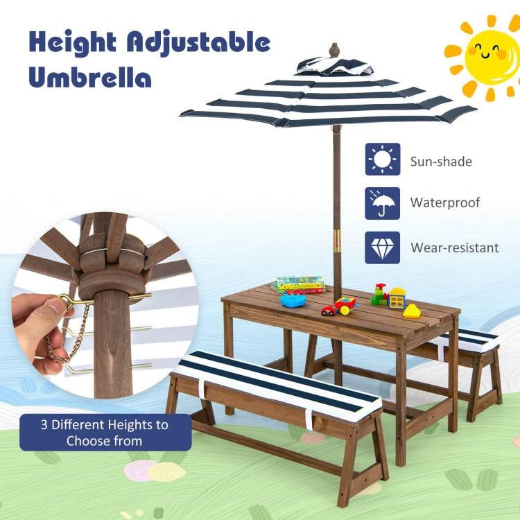 NorthPeak Kids Wooden Picnic Table Set – Navy & White with Adjustable Umbrella