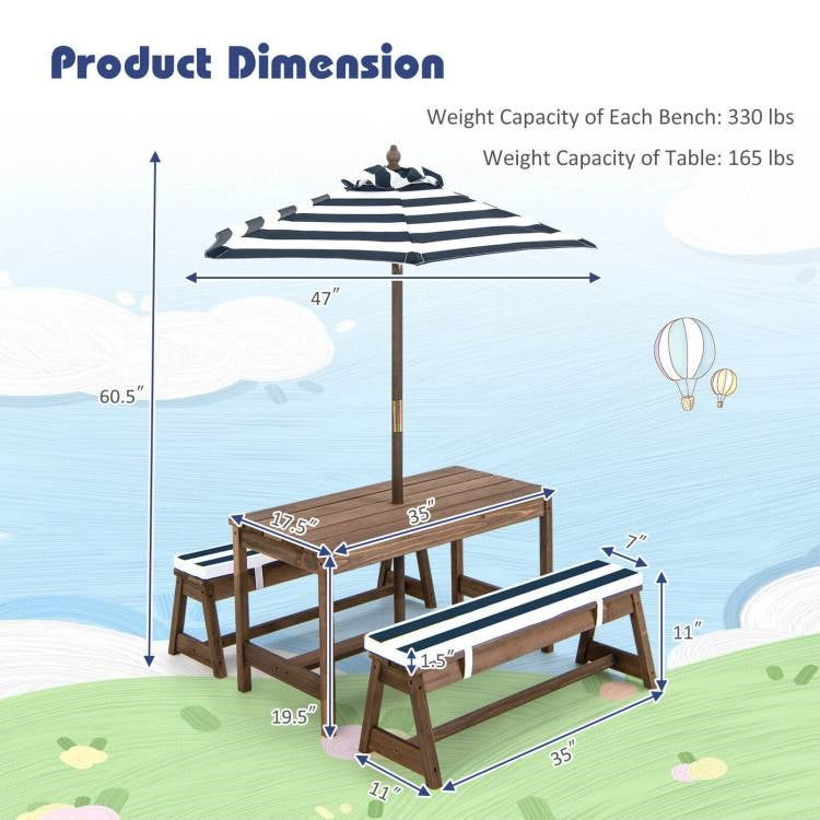 NorthPeak Kids Wooden Picnic Table Set – Navy & White with Adjustable Umbrella
