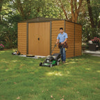 TimberSteel 10×12 Outdoor Storage Shed – Woodgrain Steel Panels (Tall Roof, Double-Door Access)