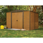 TimberSteel 10×12 Outdoor Storage Shed – Woodgrain Steel Panels (Tall Roof, Double-Door Access)