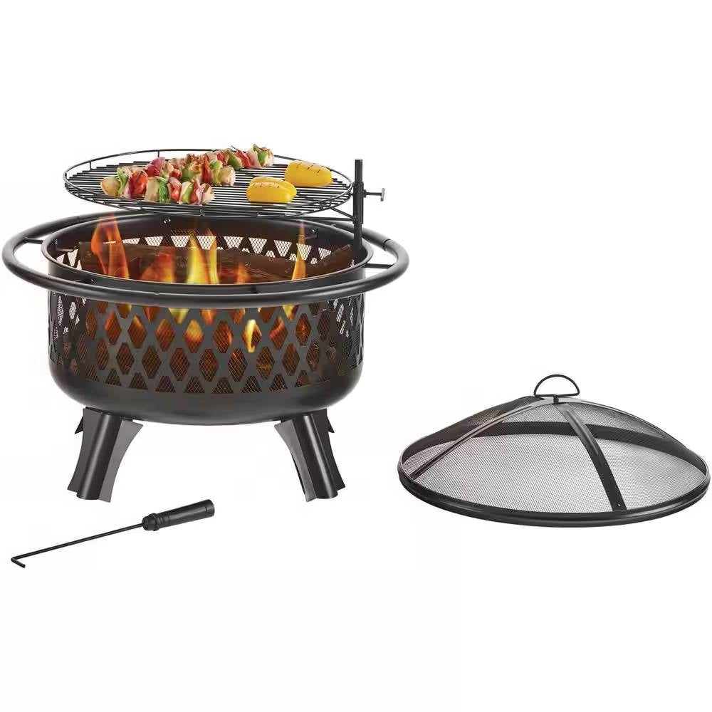 ForgeFire 30" Steel Fire Pit Grill – Wood-Burning with Cooking Grate, Screen & Poker