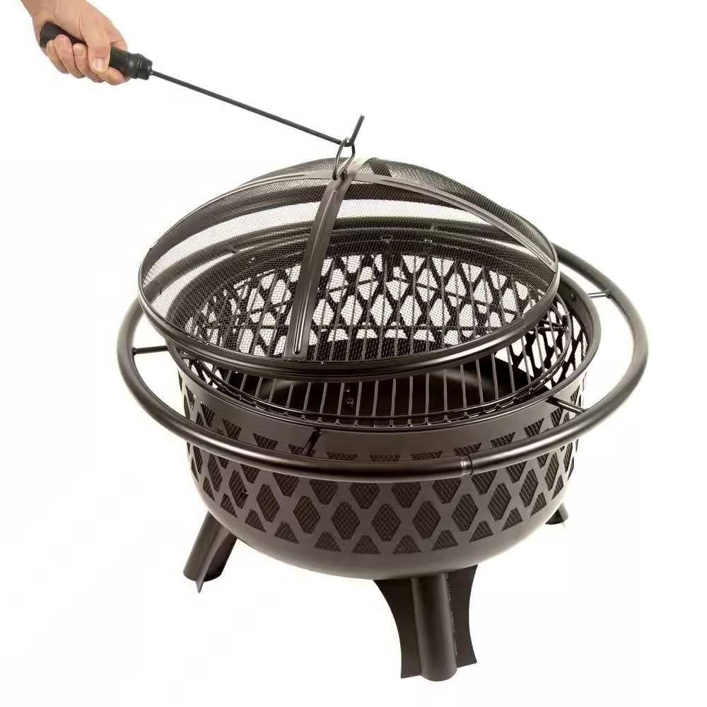 ForgeFire 30" Steel Fire Pit Grill – Wood-Burning with Cooking Grate, Screen & Poker