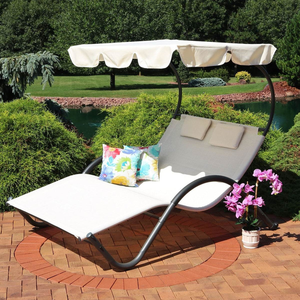 HarborShade Double Outdoor Chaise Lounge with Adjustable Canopy – Off-White