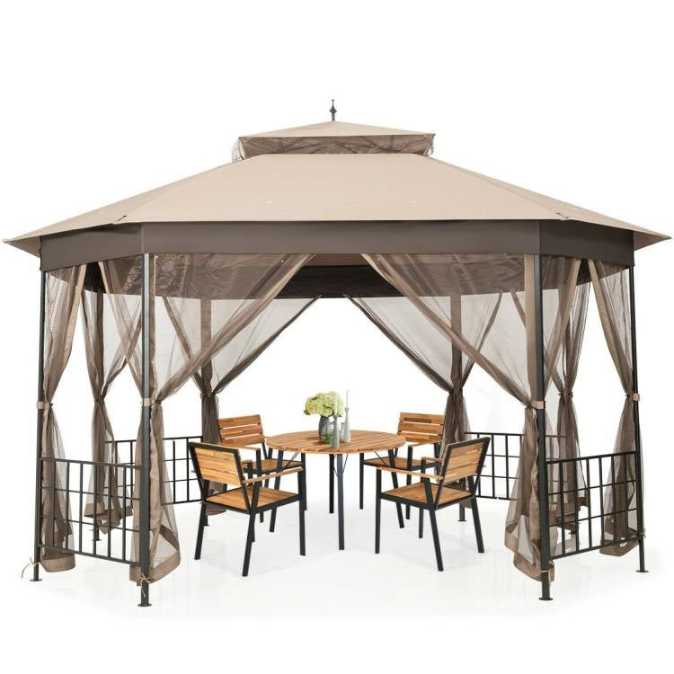 Heritage Octagon Gazebo with Mosquito Net Sidewalls and Cappuccino Canopy