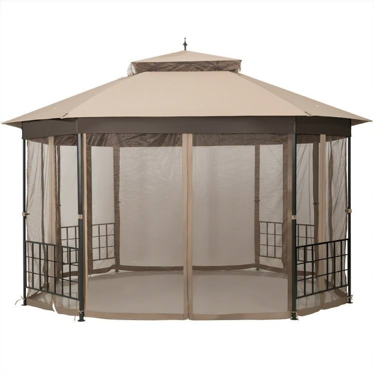 Heritage Octagon Gazebo with Mosquito Net Sidewalls and Cappuccino Canopy